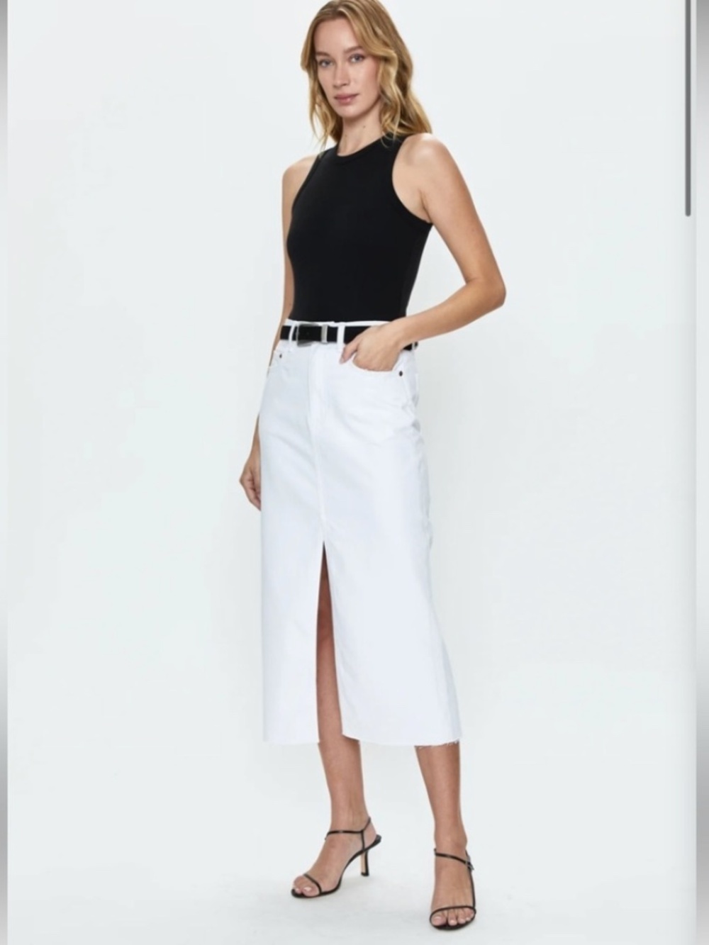 NWT pistola  "Alice" White High-Rise Front-Slit Denim Midi Skirt size 25